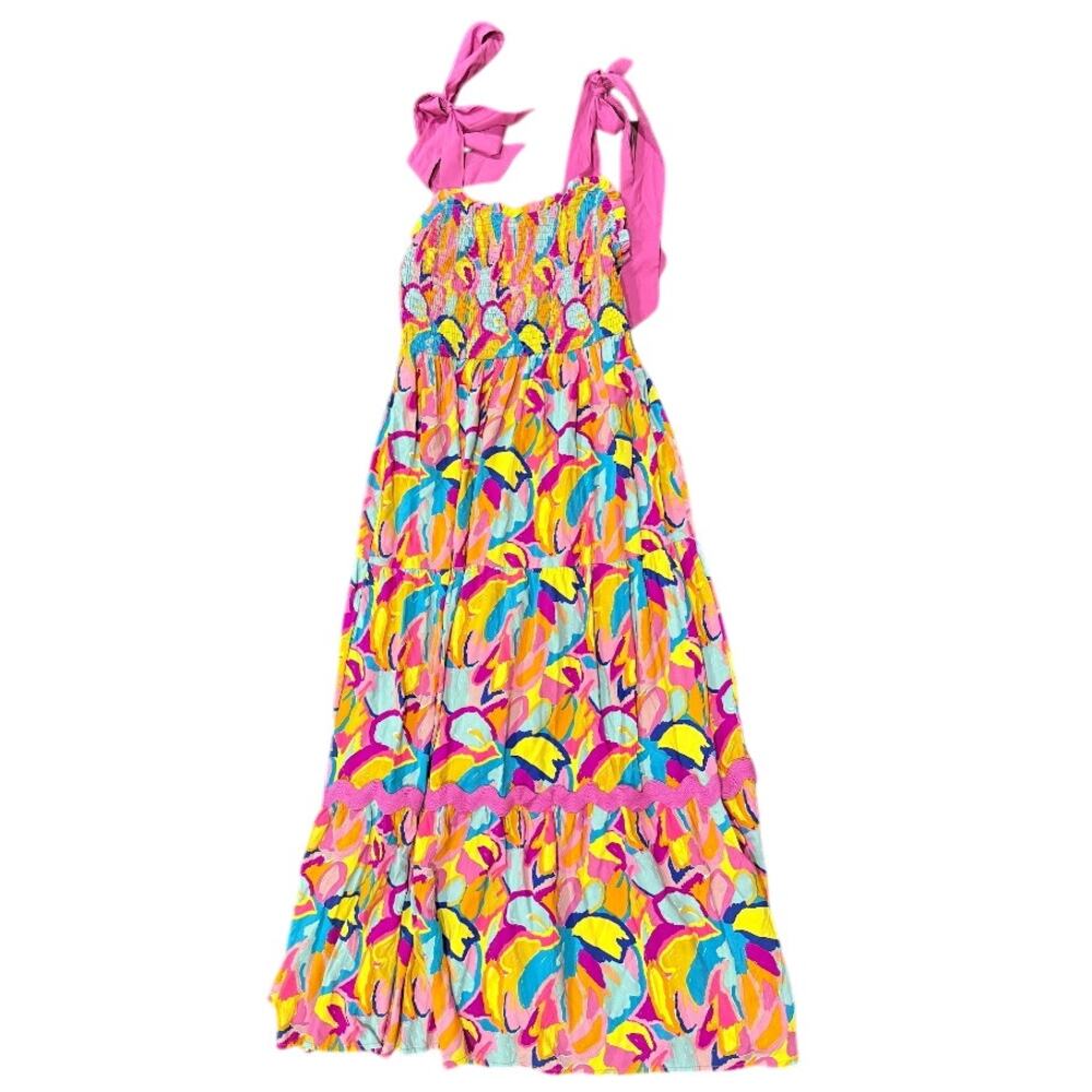 NWT UMGEE Bright Floral Smocked Tie Shoulder Tiered Maxi Dress Small